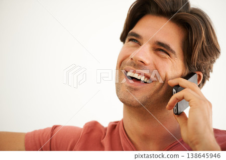 Happy, man and thinking in home with phone call, mobile contact and digital communication with mockup space. Face, laughing and talking on smartphone for chat, funny conversation and tech connection 138645946