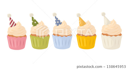 Set of five pastel birthday cupcakes with creamy swirl frosting and different party hats. Cute flat vector dessert collection isolated on white background, ideal for invitations, greeting cards, Set of five pastel birthday cupcakes with creamy swirl frosting and different party hats. Cute flat vector dessert collection isolated on white background, ideal for invitations, greeting cards, 138645953