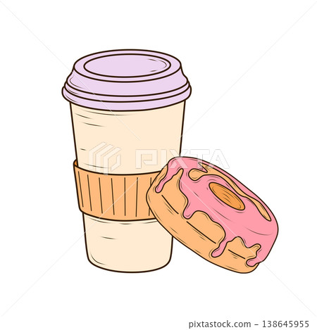Paper coffee cup with lid and a pink glazed donut. Hand drawn vector style with clean lines and soft colors. Takeaway beverage and pastry set for cafe branding, menu design and advertising. 138645955
