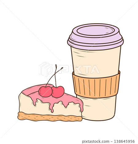 Paper coffee cup with lid and a slice of cheesecake topped with pink glaze and cherries, illustrated in hand drawn vector line style. Dessert and drink set for cafe menu, packaging, branding. Paper coffee cup with lid and a slice of cheesecake topped with pink glaze and cherries, illustrated in hand drawn vector line style. Dessert and drink set for cafe menu, packaging, branding. 138645956
