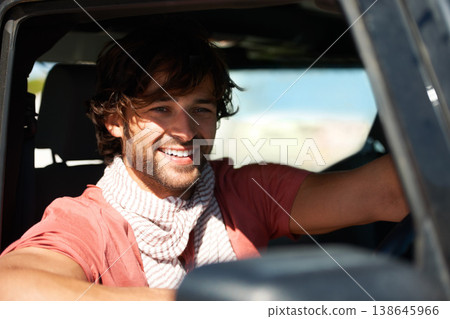 Smile, portrait and man in car on road trip with freedom, travel and desert adventure for summer vacation. Transport, holiday journey and happy driver in van with nature, sunshine and countryside. Smile, portrait and man in car on road trip with freedom, travel and desert adventure for summer vacation. Transport, holiday journey and happy driver in van with nature, sunshine and countryside. 138645966