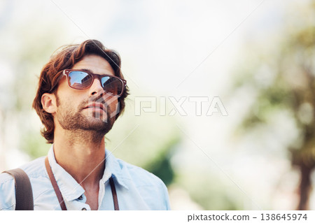Travel, man or tourist on holiday, vacation or weekend trip for a fun adventure in Italy with sunglasses. Bokeh mockup space, view or person with fashion or freedom sightseeing in nature journey Travel, man or tourist on holiday, vacation or weekend trip for a fun adventure in Italy with sunglasses. Bokeh mockup space, view or person with fashion or freedom sightseeing in nature journey 138645974