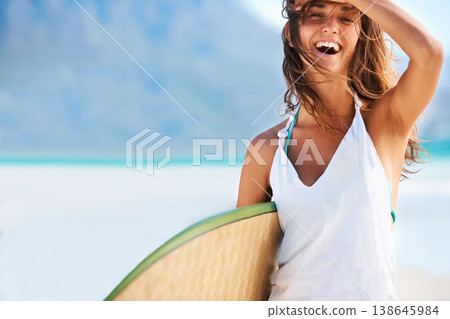 Laugh, surfboard or portrait of happy woman at sea for fitness training, workout or sports exercise. Surfing mockup space, girl surfer or athlete on fun summer holiday vacation on beach with smile Laugh, surfboard or portrait of happy woman at sea for fitness training, workout or sports exercise. Surfing mockup space, girl surfer or athlete on fun summer holiday vacation on beach with smile 138645984