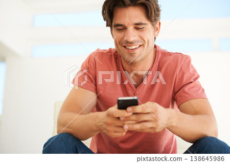 Man, home and smile with cellphone, reading social network notification and update subscription. Smartphone, app and happy guy download digital multimedia, search mobile and contact in modern house Man, home and smile with cellphone, reading social network notification and update subscription. Smartphone, app and happy guy download digital multimedia, search mobile and contact in modern house 138645986