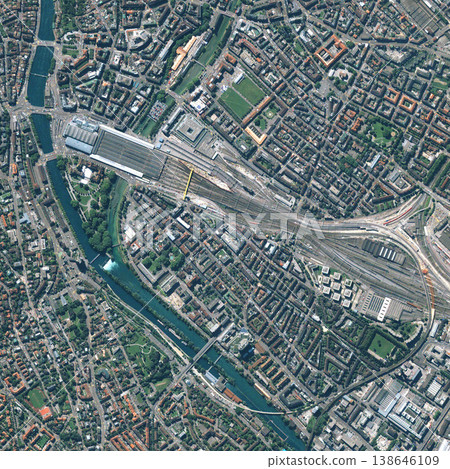 Street, buildings and top view of earth map with nature, water and residential landscapes. Globe, land and aerial of road with field and houses from aerospace satellite for environment development. 138646109