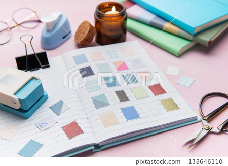 Creating cute scrapbook embellishments with paper punches and colorful patterns 138646110