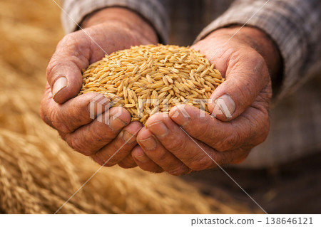 Closeup of both hands carrying harvested rice grains with a natural farm background and documentary feel. Closeup of both hands carrying harvested rice grains with a natural farm background and documentary feel. 138646121