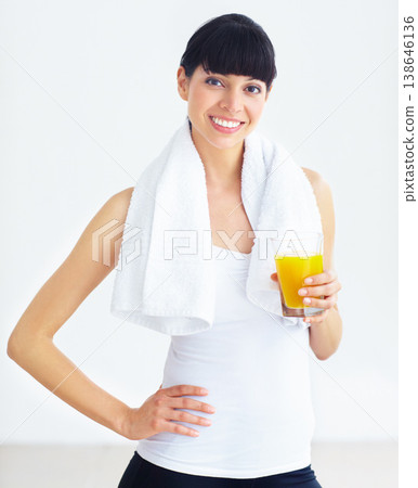 Orange juice, happy fitness portrait and woman with glass drink for training, workout or exercise hydration. Vitamin C benefits, happiness and thirsty athlete smile for liquid, citrus or beverage 138646136
