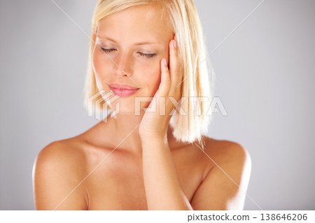 Beauty, face and relax woman touch skincare treatment results of melasma, facial acne or morning self care routine. Spa salon wellness, eyes closed and aesthetic studio model on white background Beauty, face and relax woman touch skincare treatment results of melasma, facial acne or morning self care routine. Spa salon wellness, eyes closed and aesthetic studio model on white background 138646206