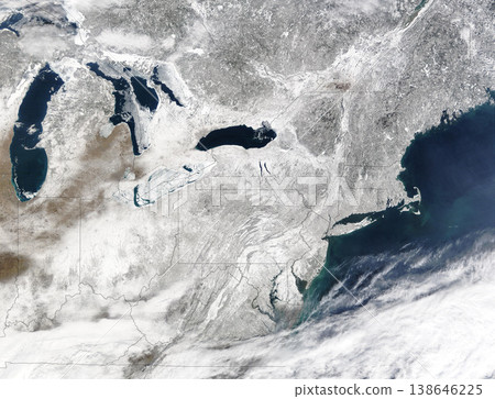 Earth, satellite and landscape, map of world and Antarctica with clouds in atmosphere, water and snow in environment or nature. Aerial view, continent and terrain, ocean or sea of planet from space 138646225