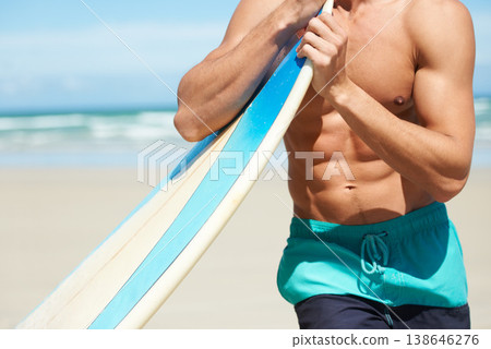 Surfboard, sports body and beach person for surfing fitness, outdoor training or tropical island workout. Closeup abs muscle, ocean sea sand or strong surfer exercise, cardio or relax summer wellness 138646276