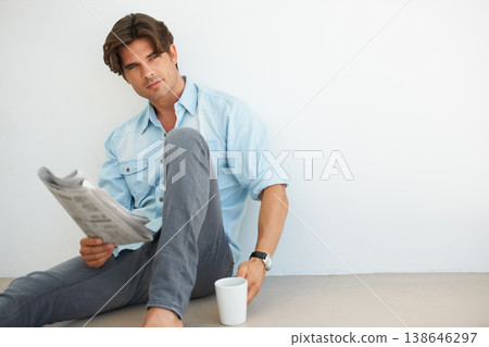 Newspaper, coffee and young man reading information and relaxing on weekend morning at home. Happy, smart and handsome male person chilling and enjoying a daily paper journal with latte in apartment. Newspaper, coffee and young man reading information and relaxing on weekend morning at home. Happy, smart and handsome male person chilling and enjoying a daily paper journal with latte in apartment. 138646297
