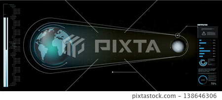 High-tech HUD display with data visualization for a space mission. Shows Earth, Moon, and an orbital path on a dark grid. Sci-fi concept with blue and white graphics, charts, and infographics 138646306