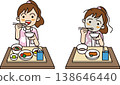 An illustration of elementary school students eating lunch. It depicts a well-balanced rice-based lunch and a lunch consisting only of rice, soup, and milk. 138646440