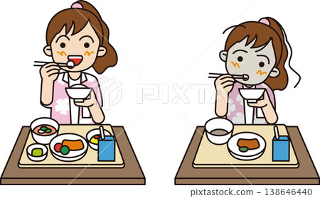An illustration of elementary school students eating lunch. It depicts a well-balanced rice-based lunch and a lunch consisting only of rice, soup, and milk. 138646440