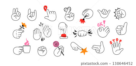 Hand cartoon set of diverse gestures vector illustration. Line art icons design of peace sign, heart, thumbs up, stop. Flat graphic for communication, stickers, hands elements on white background Hand cartoon set of diverse gestures vector illustration. Line art icons design of peace sign, heart, thumbs up, stop. Flat graphic for communication, stickers, hands elements on white background 138646452