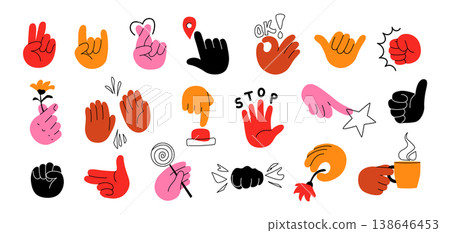 Hand cartoon set of diverse gestures vector illustration. Icons design of peace sign, heart, thumbs up, stop. Flat graphic for communication, stickers, hands elements isolated on white background Hand cartoon set of diverse gestures vector illustration. Icons design of peace sign, heart, thumbs up, stop. Flat graphic for communication, stickers, hands elements isolated on white background 138646453