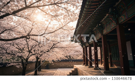 Architecture - Korean Palace Cherry Blossom Trees in Full Bloom with Sunlight Filtering Through Petals at Historic Courtyard Architecture - Korean Palace Cherry Blossom Trees in Full Bloom with Sunlight Filtering Through Petals at Historic Courtyard 138646678