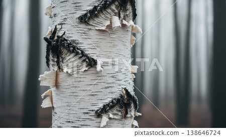 Closeup birch tree bark texture peeling layers natural white surface with dark horizontal lines forest background 138646724