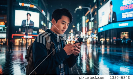 Technology - Young Asian Man Using Smartphone on Rainy Night in Neon Lit Korean City Street Technology - Young Asian Man Using Smartphone on Rainy Night in Neon Lit Korean City Street 138646848