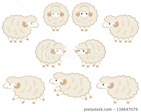 A set of illustrations of white sheep with outlines. 138647079
