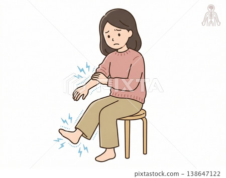 插圖描繪了一個人抱怨手臂和腿部麻木和疼痛的情景；醫學資料展示了神經痛和周圍神經病變。 138647122