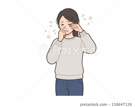 一幅描繪女性揉眼睛、摸鼻子的插圖；一幅代表花粉症或疲勞的醫療保健圖片。 138647126