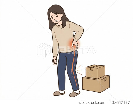 插圖顯示一個人在舉起重物後，從下背部到腿部感到疼痛，這是坐骨神經痛的症狀。 138647137