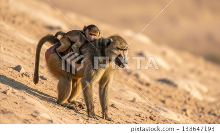 Animal - Baby Baboon Riding on Mother Back Walking Across Arid Sandy Desert Slope in Warm Golden Light 138647193