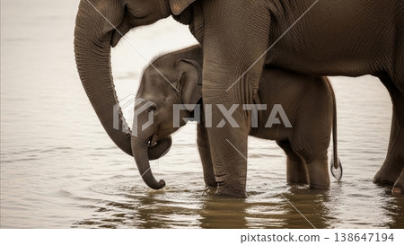 Animal - Baby Elephant Drinking Water Beside Mother in Shallow River Wildlife Maternal Bond Nature 138647194