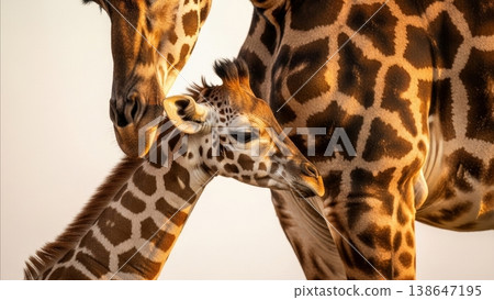 Animal - Baby Giraffe Nuzzling Against Adult Giraffe in Tender Mother and Calf Bonding Moment 138647195