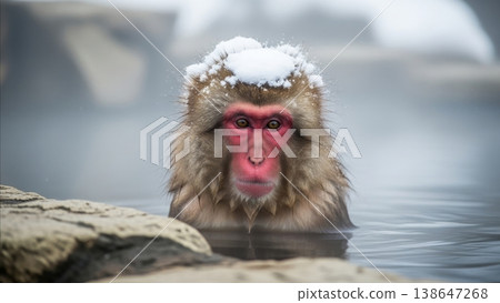 Japanese snow monkey macaque soaking in hot spring water with red face and snow on head during winter bathing ritual 138647268