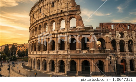 Landmark - Roman Colosseum Exterior Facade at Golden Sunset with Arched Tiers in Rome Italy 138647331