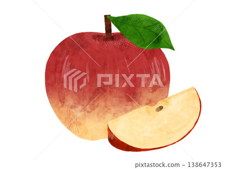 Watercolor illustration of a cut apple with leaves, food item, single material, pet food Watercolor illustration of a cut apple with leaves, food item, single material, pet food 138647353