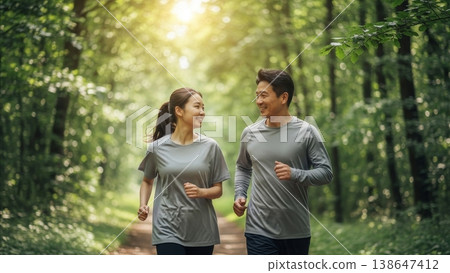 Happy Asian couple jogging together on forest trail wearing matching gray athletic wear during sunny morning workout 138647412