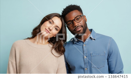 Happy interracial couple portrait african american man with glasses and caucasian woman in casual clothing smiling together against light blue studio background 138647415