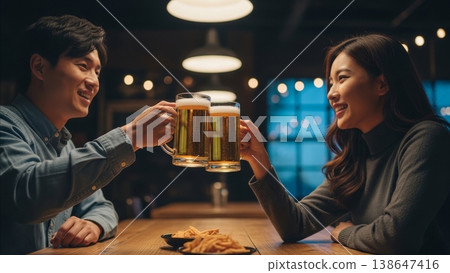 Happy young asian couple toasting beer mugs at modern restaurant bar celebrating together with appetizers on wooden table 138647416