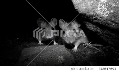 A small brown rat is peeking out from a hole in a rock. The rat is looking up at the camera with its eyes wide open 138647693