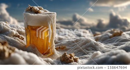 Craft lager with rich froth. Closeup of frothy beer with condensation and popcorn clusters 138647694