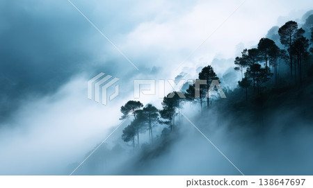 mist conceals a forested section beside a mountain creating an atmospheric copy space image. 138647697