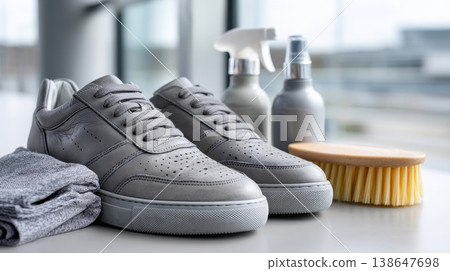 Faceless artisan cleaning premium leather sneakers, specialized tools and eco-friendly solutions display, Sustainable Shoe Care, bright modern studio interior shown. 138647698