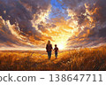 oil paint scene with heartwarming scene of woman walking with her young son in golden field over a vast field towards a bright and powerful sun. 138647711
