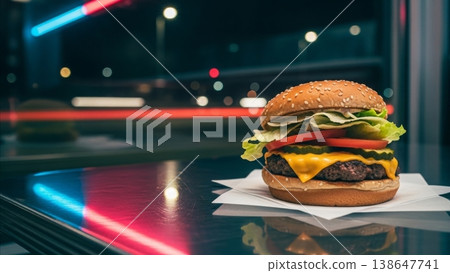 Gourmet cheeseburger with sesame seed bun on reflective surface in modern urban restaurant with neon lighting bokeh background at night 138647741