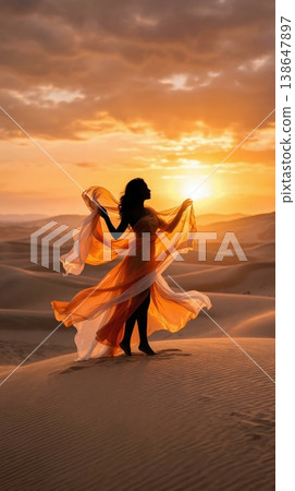 Beautiful Woman in Desert with Flowing Silk at Golden Hour Sunset Beautiful Woman in Desert with Flowing Silk at Golden Hour Sunset 138647897