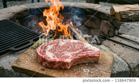 Raw Prime Ribeye Steak and Fire Pit Preparation Scene Raw Prime Ribeye Steak and Fire Pit Preparation Scene 138647909