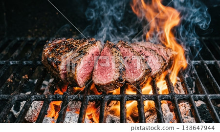 Premium Medium-Rare Beef Steak Grilling with Sliced Presentation Premium Medium-Rare Beef Steak Grilling with Sliced Presentation 138647944