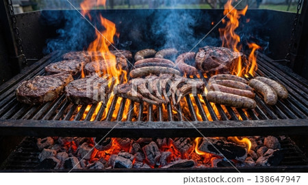 Ultimate Barbecue Grill Feast with Multiple Meats over Open Fire 138647947