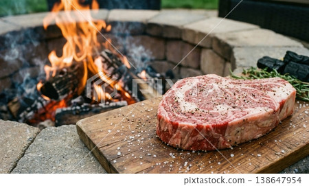 Raw Prime Ribeye Steak and Fire Pit Preparation Scene Raw Prime Ribeye Steak and Fire Pit Preparation Scene 138647954
