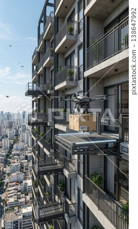 High Rise Building Facade with Integrated Drone Delivery Ports 138647992