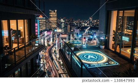 Night Delivery Drone Landing on Glowing Balcony Docking Pad 138647993